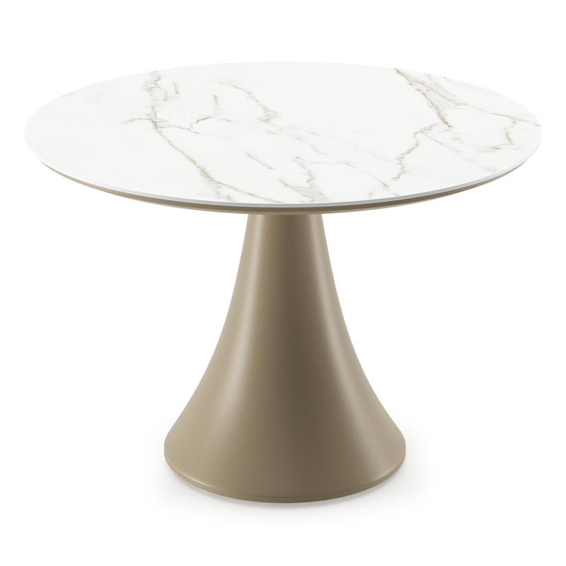 Table de basse low dining Fano ronde en aluminium beige et céramique pleine Calacatta - Diam. 85 x Haut. 55 cm
