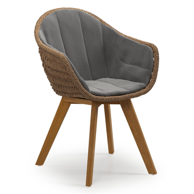 Chaise de jardin Pagino en teck naturel et résine tressée ronde brun avec coussin en All Weather Sunbrella® Luxe Natte Charcoal Chine