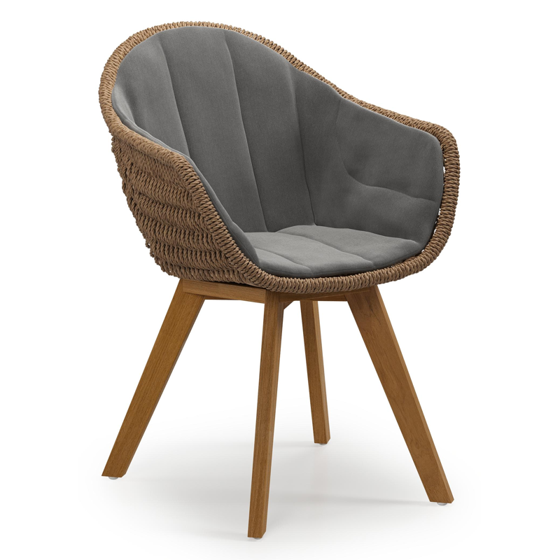 Pagino tuinstoel in teak en bruin ronde wicker met zitkussen in All Weather Sunbrella® Luxe Natte Charcoal Chine