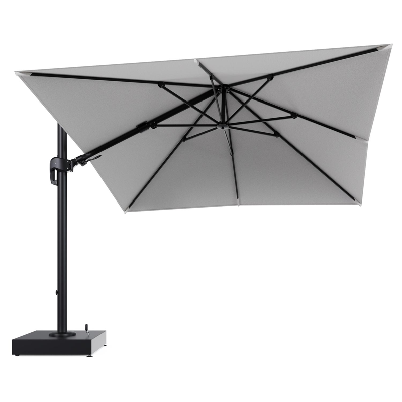 Rufina zweefparasol met tiltfunctie in zwart aluminium en Ego Birch All Weather Solica parasoldoek - L1 300 x L2 300 cm met parasolvoet Minore 150 kg met wielen