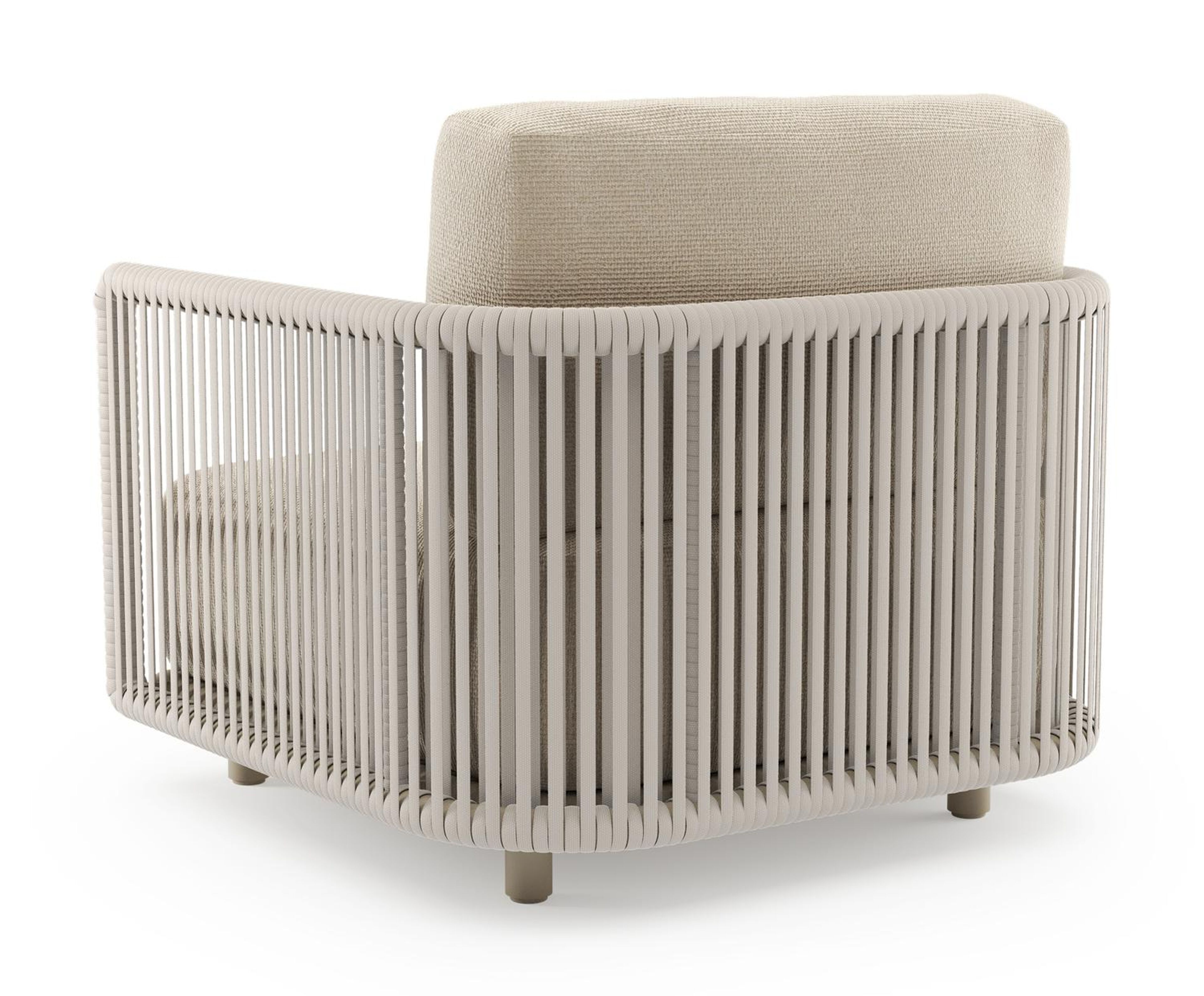 Organo loungestoel in beige aluminium en beige verticaal geweven luxe vlakke rope met althea chalk all weather Cosytica kussen