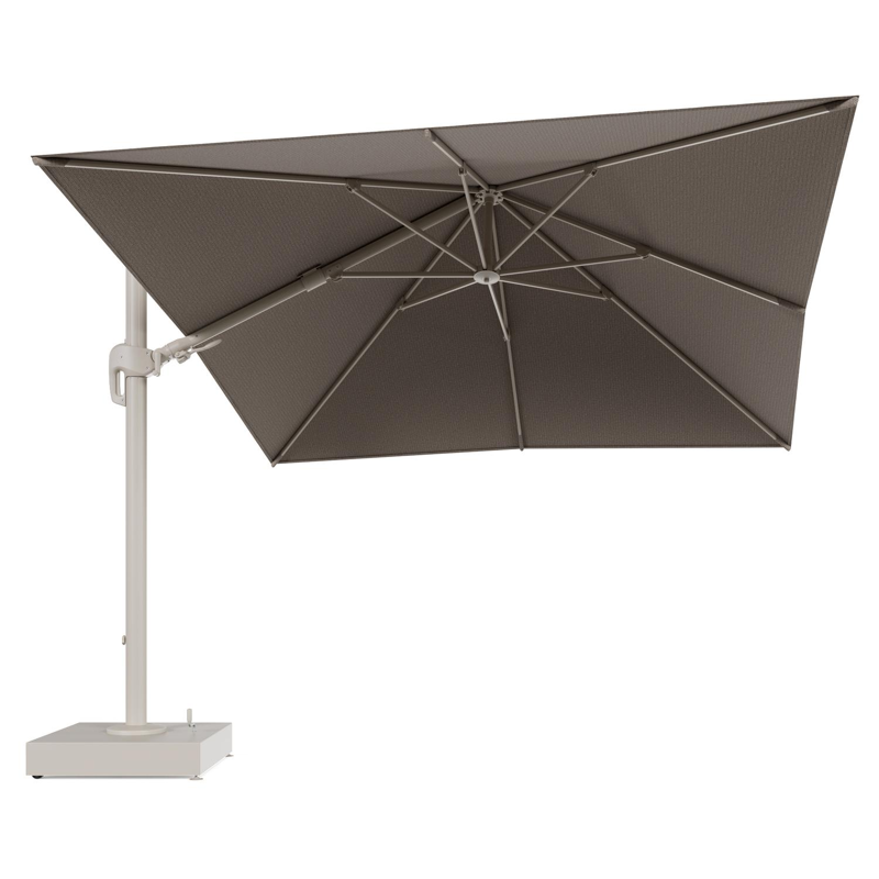 Rufina zweefparasol met tiltfunctie in beige aluminium en Firenze Earth All Weather Solica parasoldoek - L1 300 x L2 300 cm met parasolvoet Minore 150 kg met wielen