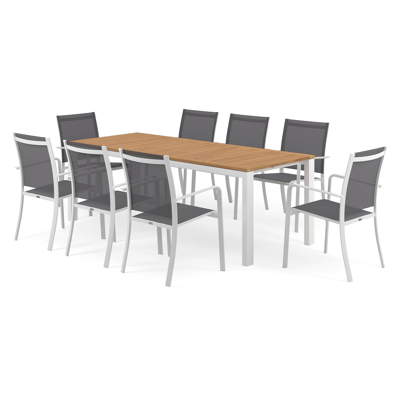 Trente tuinset in wit aluminium en naturel teak tafelblad met 8 stapelbare Calobra tuinstoelen