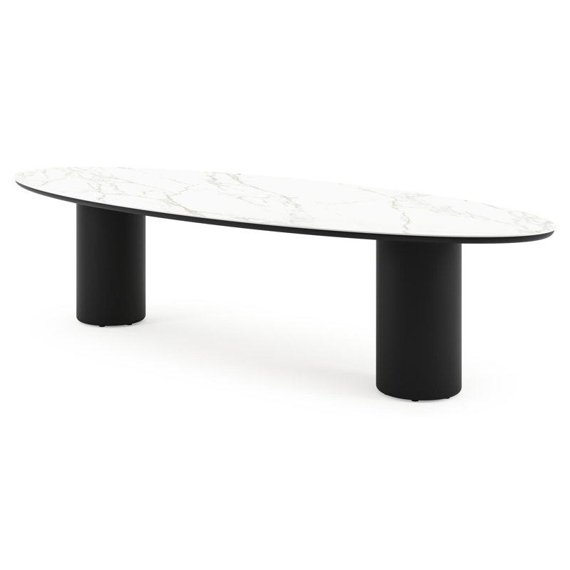 Amico tuintafel ovaal in zwart aluminium en volkeramiek Calacatta - L 320 x B 130 x H 74 cm