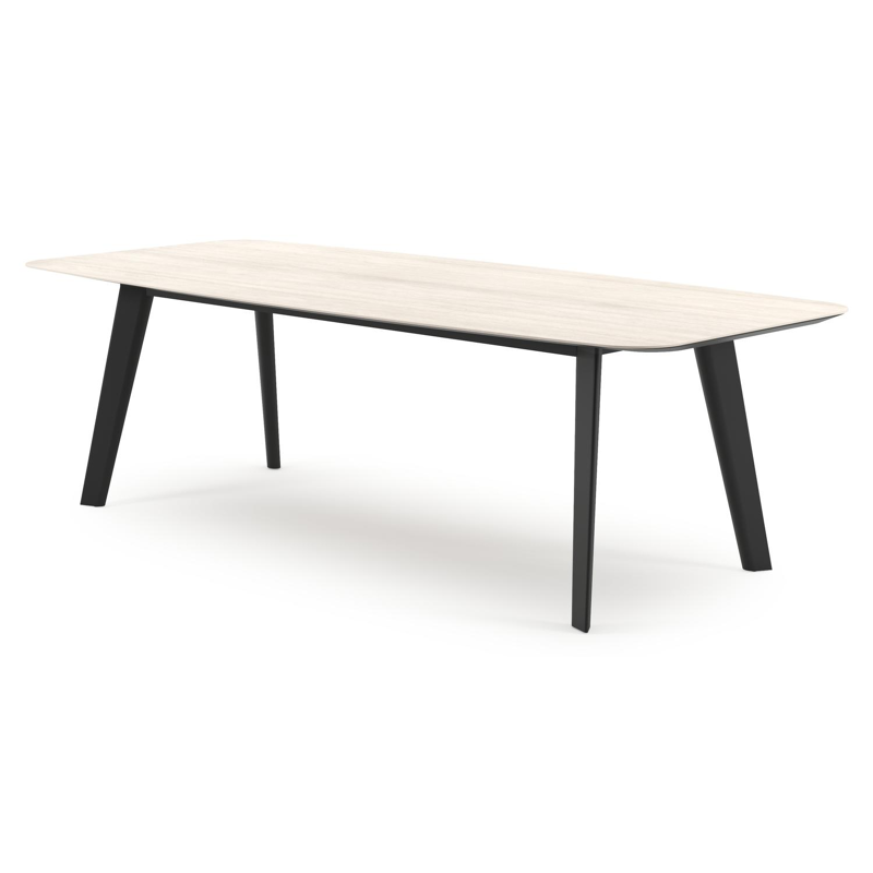 Table de jardin Lacrima forme de bateau en aluminium noir et céramique pleine Travertino Bianco - Lg. 255 x Lrg. 115 x Haut. 73 cm