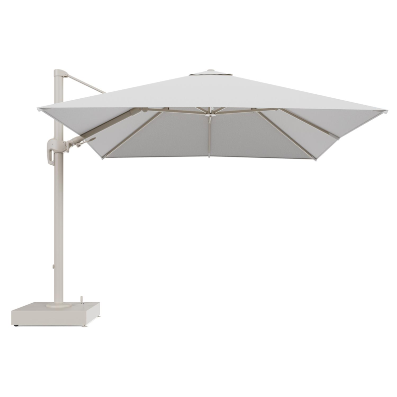 Rufina zweefparasol met tiltfunctie in beige aluminium en Ego Birch All Weather Solica parasoldoek - L1 300 x L2 300 cm met parasolvoet Minore 150 kg met wielen