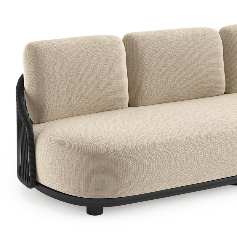 Salon de jardin Vadelo en aluminium noir et corde ronde tissée verticalement noir et coussins en all weather cosytica althea chalk