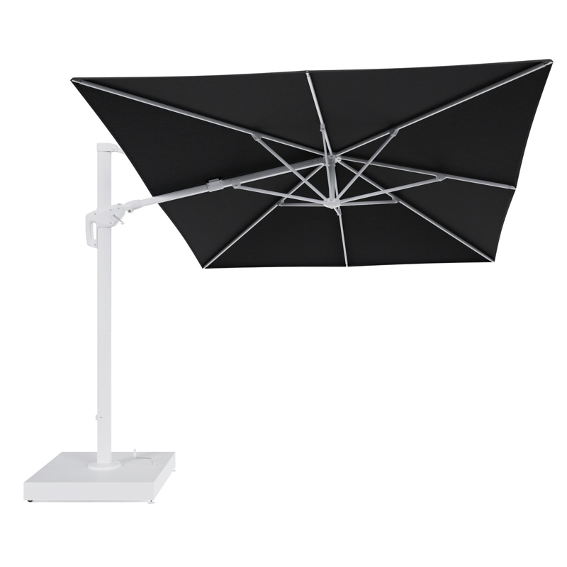 Parasol pendant Minore avec fonction tilt en aluminium blanc et toile de parasol All Weather Sunbrella® Luxe Chartres Sooty - Lg.1 400 x Lg.2 300 cm avec pied de parasol Minore 260 kg avec roulettes