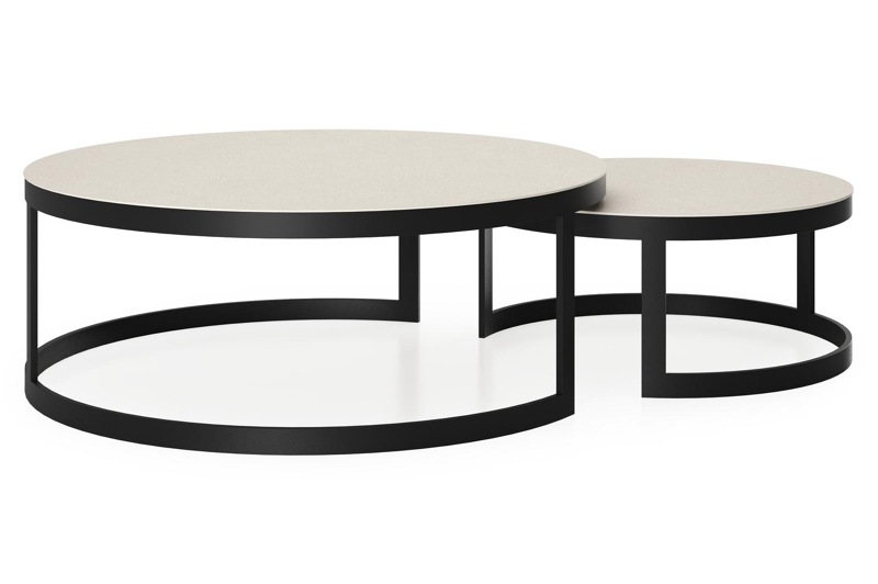 Enna set van 2 loungetafels in zwart aluminium en Beige volkeramiek - Dia. 100/70 x H 37/30 cm