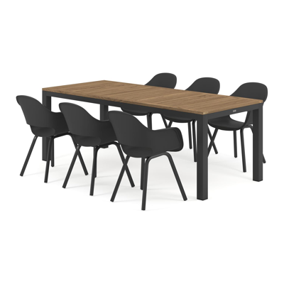 Varese tuinset in zwart aluminium en naturel teak tafelblad met 6 Artena tuinstoelen