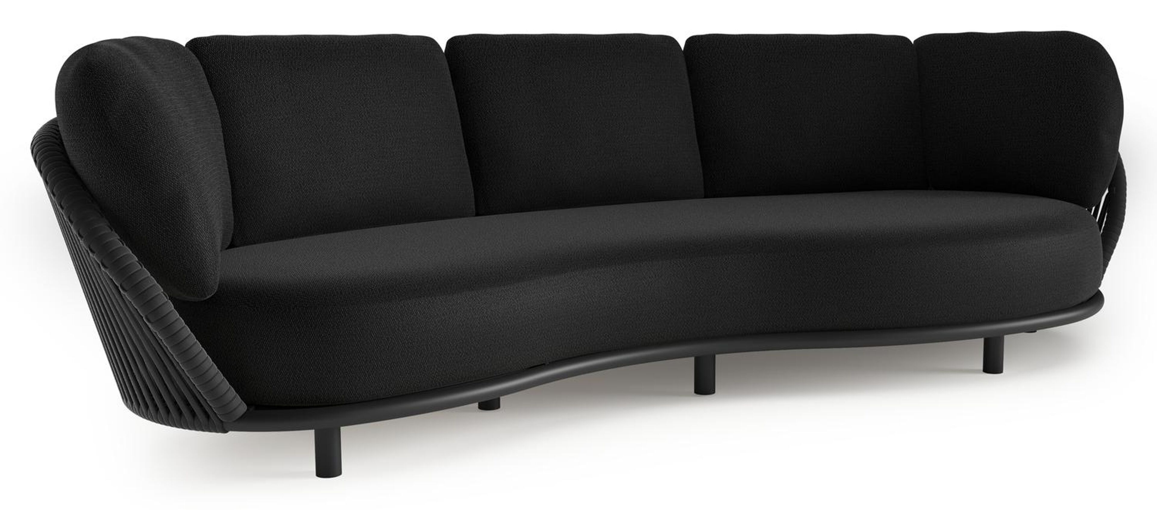 Canapé de jardin Lupino en aluminium noir et corde large plate de luxe tissée verticalement noir et coussins en all weather sunbrella® luxe lopi baribal