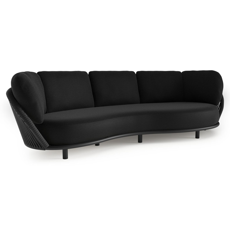 Canapé de jardin Lupino en aluminium noir et corde large plate de luxe tissée verticalement noir et coussins en all weather sunbrella® luxe lopi baribal