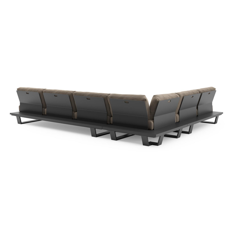 Salon de jardin d'angle Pagino en aluminium noir et coussins en all weather sunbrella® luxe natte heather grey