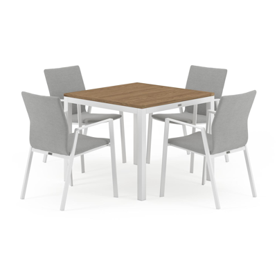 Feltro tuinset in wit aluminium en naturel teak tafelblad met 4 stapelbare Madura tuinstoelen