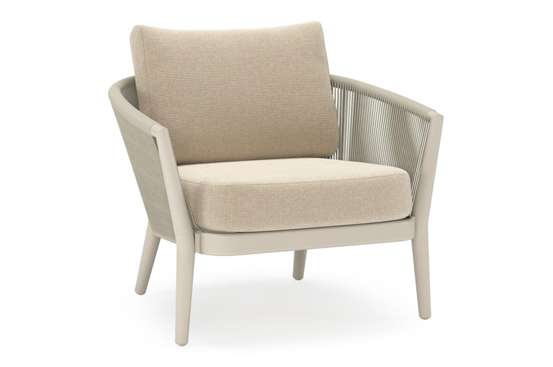 Orso loungestoel in beige aluminium en beige verticaal geweven ronde rope met Althea Chalk all weather cosytica kussen