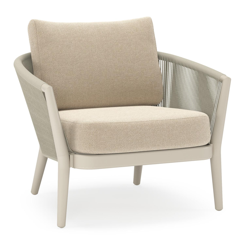 Orso loungestoel in beige aluminium en beige verticaal geweven ronde rope met Althea Chalk all weather cosytica kussen