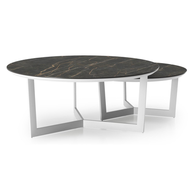 Lacrima set van 2 loungetafels rond in wit aluminium en volkeramiek Black Obsession - Dia. 85/65 x H 35/30 cm