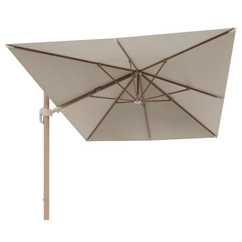 Rufina zweefparasol met tiltfunctie in houtlook met beige all weather sunbrella® premium parasoldoek - L1 400 x L2 300 cm (zonder voet)
