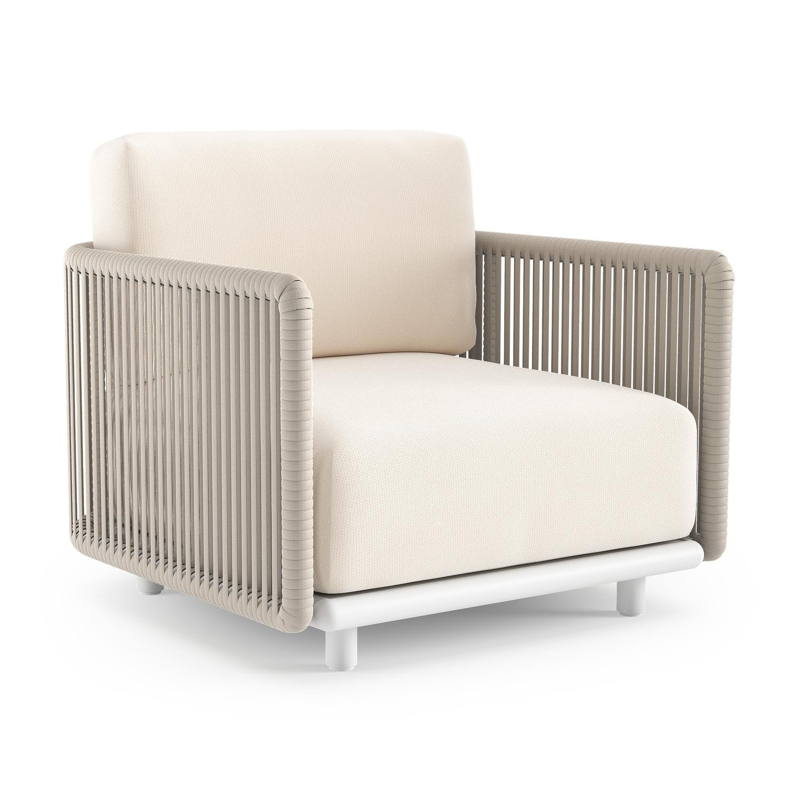 Organo loungestoel in wit aluminium en beige verticaal geweven luxe vlakke rope met lopi snow all weather Sunbrella® luxe kussen