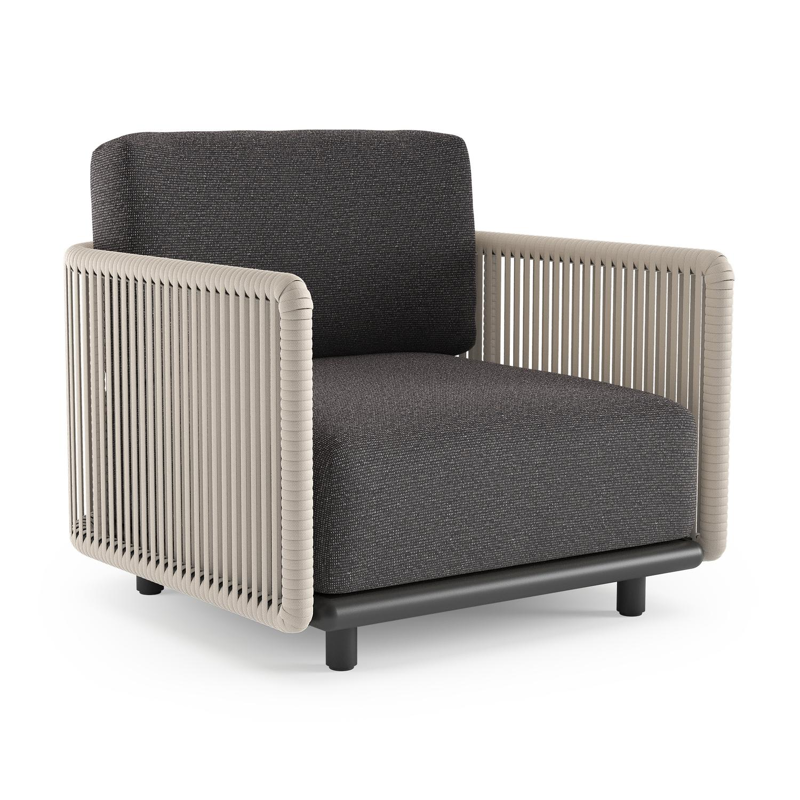 Organo loungestoel in zwart aluminium en beige verticaal geweven luxe vlakke rope met firenze tunder all weather Solica kussen