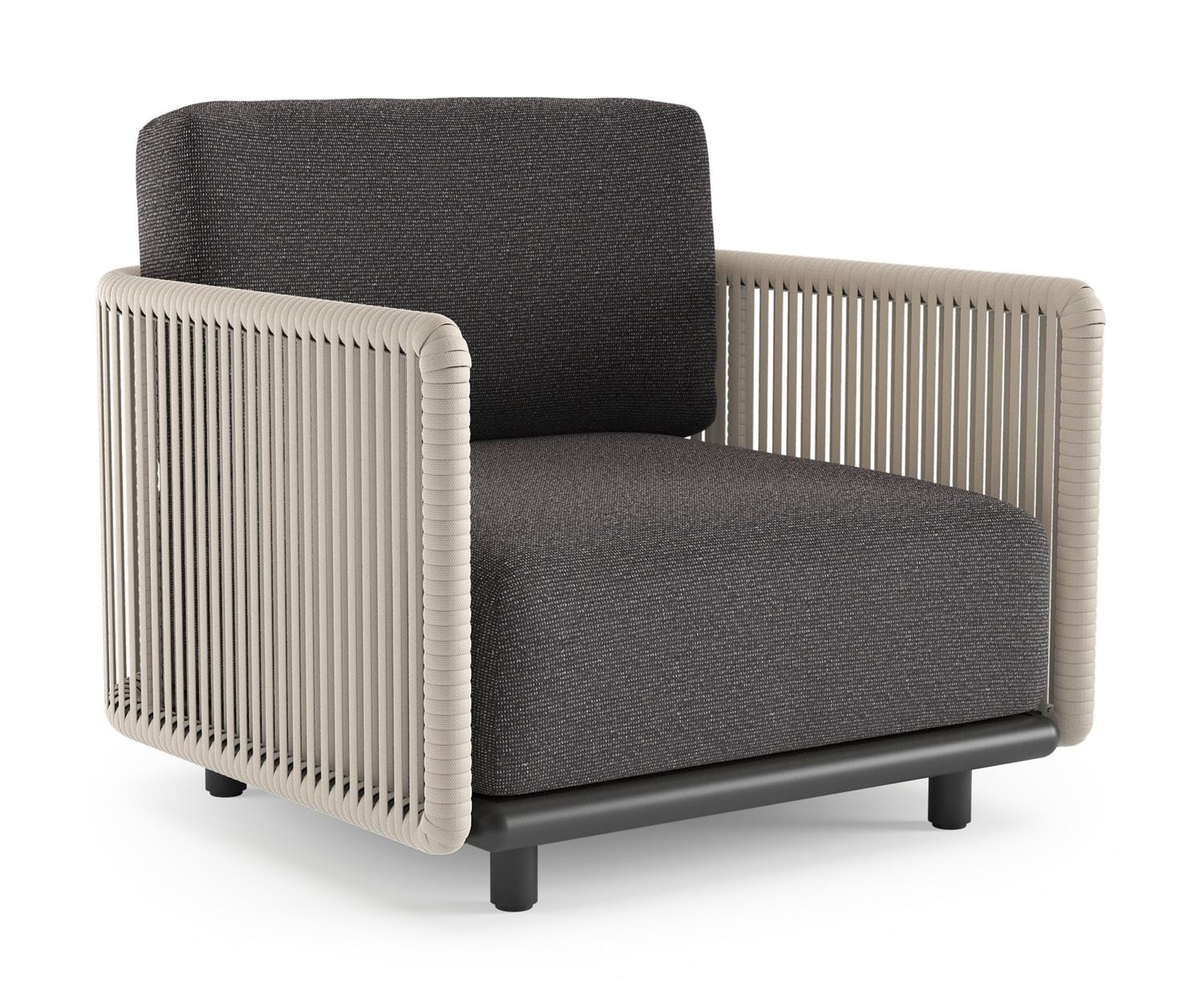 Organo loungestoel in zwart aluminium en beige verticaal geweven luxe vlakke rope met firenze tunder all weather Solica kussen