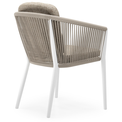 Chaise de jardin Orso en aluminium blanc et corde ronde tissée verticalement beige avec coussin luxe en All Weather Cosytica Bora Jungle