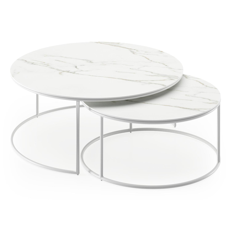 Fano loungetafels in wit aluminium en calacatta volkeramiek - Dia. 85/65 X H 35/30 cm