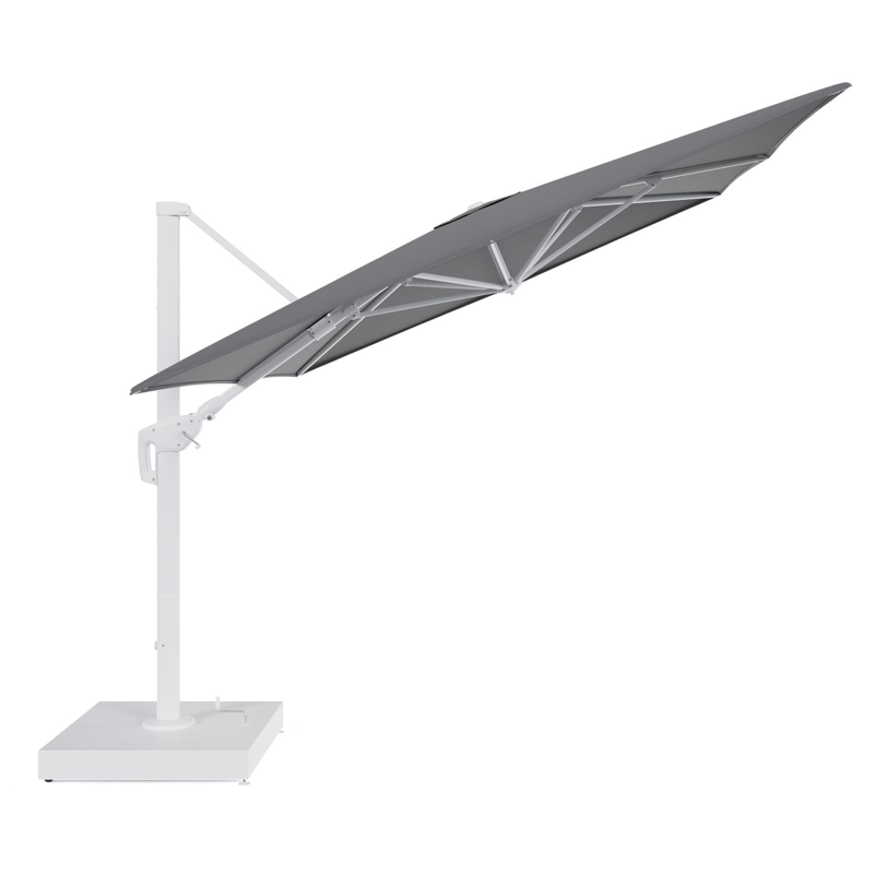 Minore zweefparasol met tiltfunctie in wit aluminium en Natte Charcoal Chine All Weather Sunbrella® Luxe parasoldoek - L1 400 x L2 300 cm met parasolvoet Minore 260 kg met wielen