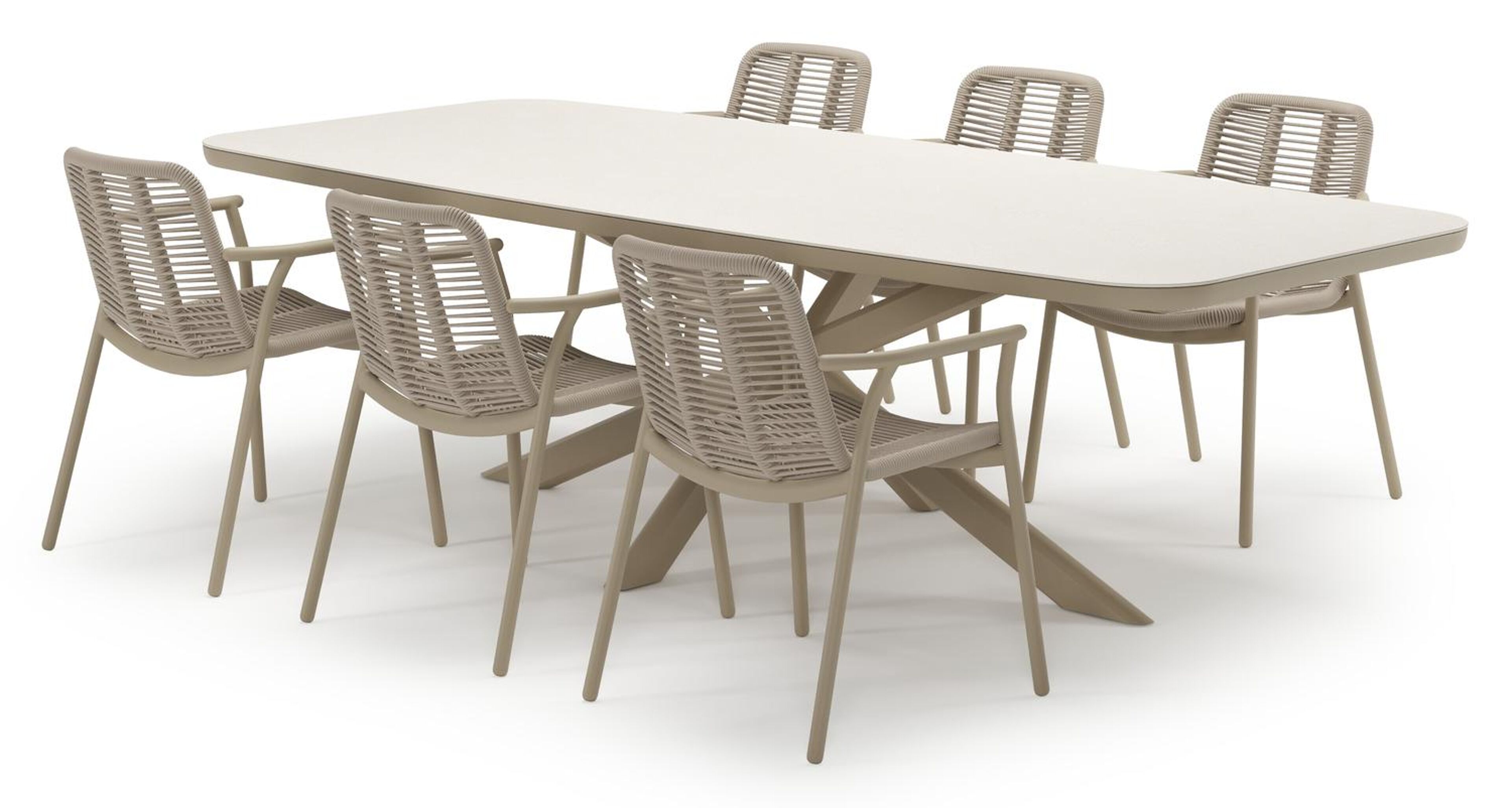 Pamplona tuinset in beige aluminium en crema minerale sintered stone met 6 stapelbare Berga tuinstoelen