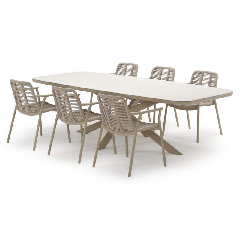 Pamplona tuinset in beige aluminium en crema minerale sintered stone met 6 stapelbare Berga tuinstoelen