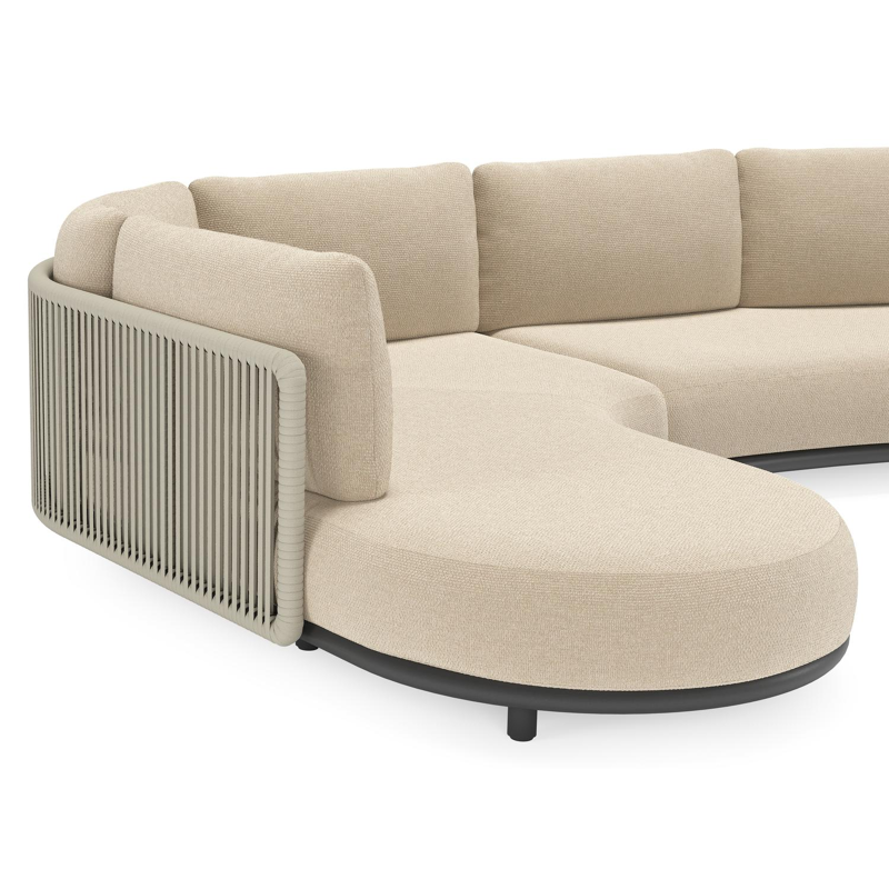 Salon de jardin d'angle Lomano en aluminium noir et corde luxe plate tissée verticalement beige et coussins en all weather cosytica Althea Chalk