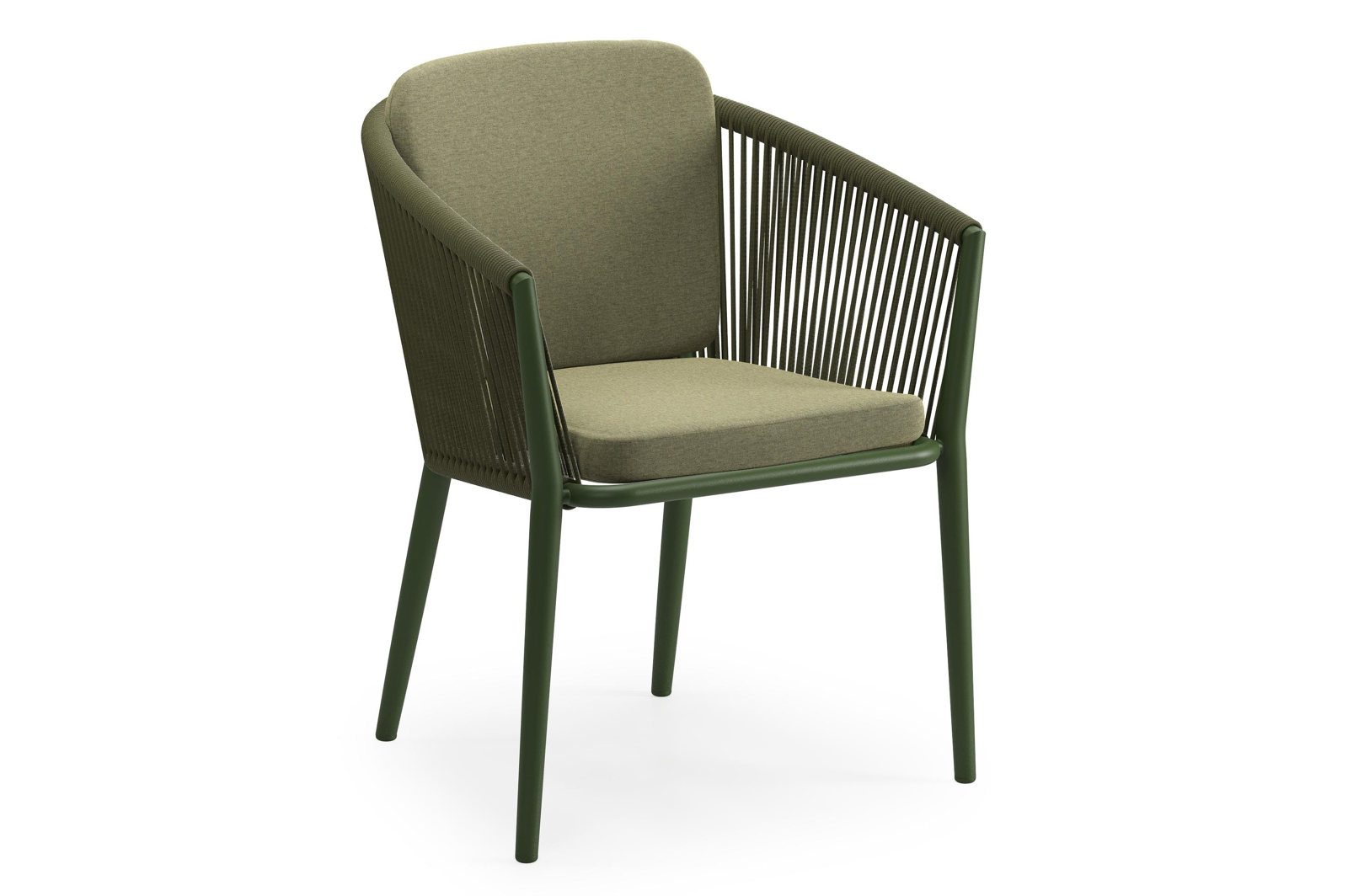 Orso stapelbare tuinstoel in groen aluminium en groen verticaal geweven ronde rope met kussen in All Weather Sunbrella® Luxe Heritage Leaf