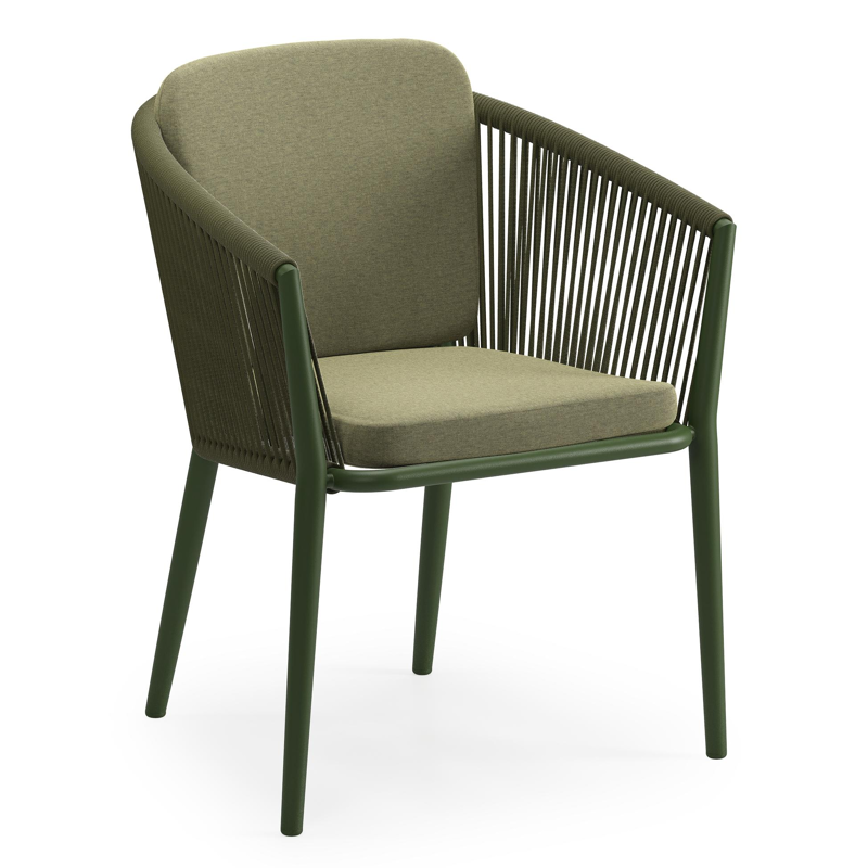 Orso stapelbare tuinstoel in groen aluminium en groen verticaal geweven ronde rope met kussen in All Weather Sunbrella® Luxe Heritage Leaf