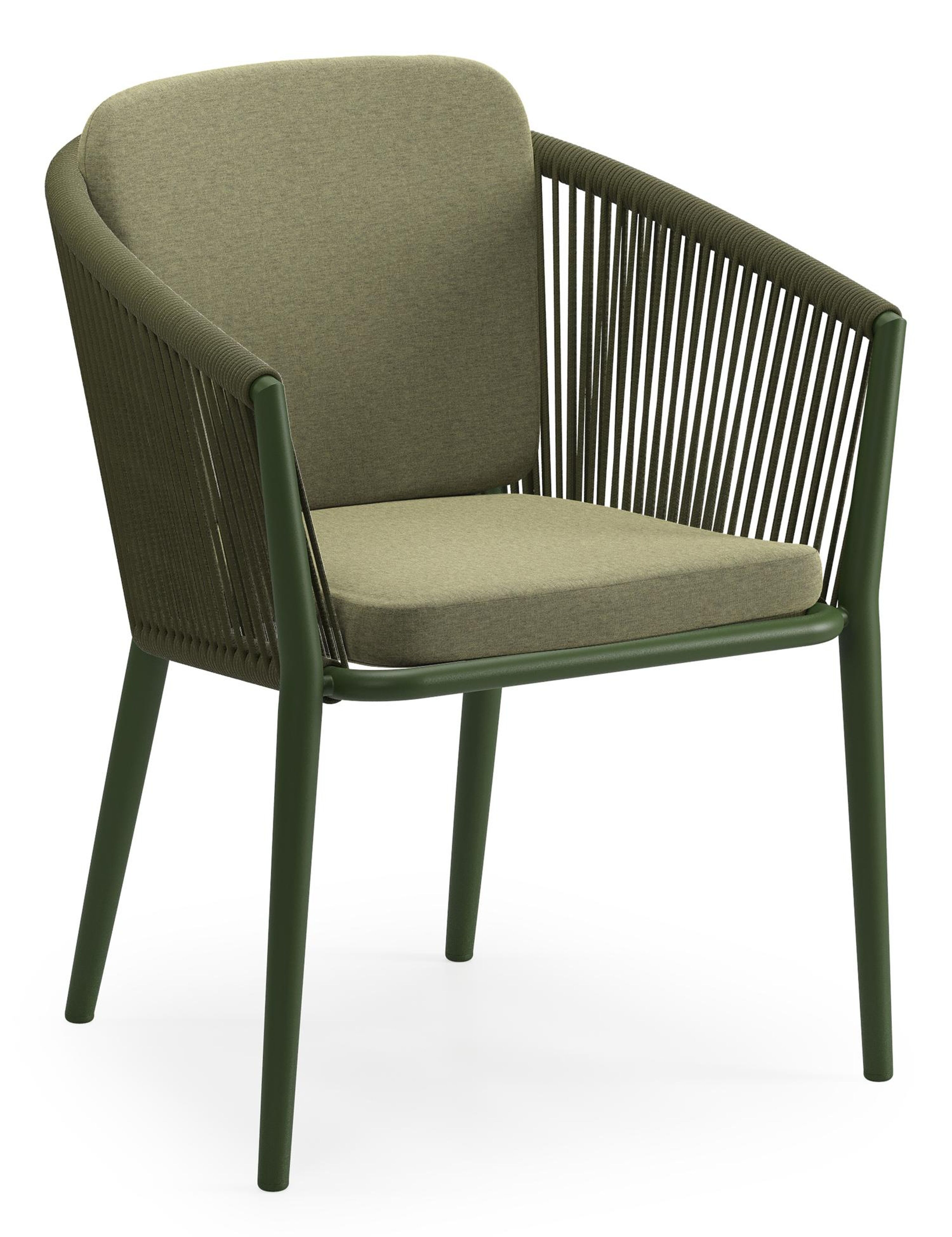 Chaise de jardin empilable Orso en aluminium vert et corde ronde verte tissée verticalement avec coussin en All Weather Sunbrella® Luxe Heritage Leaf