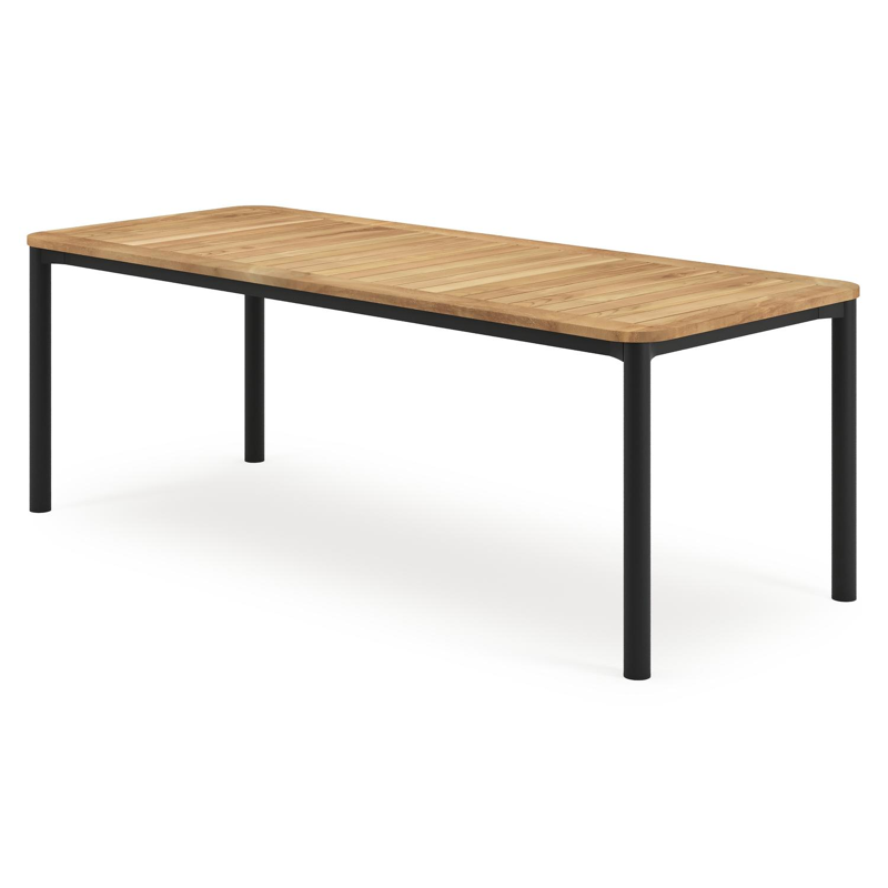 Mira tuintafel rechthoekig afgerond in zwart aluminium en teak natural finish - L 220 x B 92 x H 74 cm