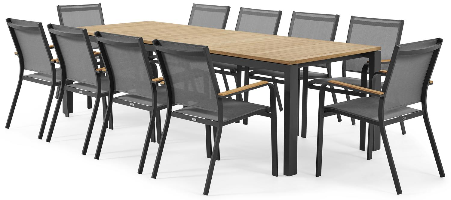 Varese tuinset in zwart aluminium en naturel teak tafelblad met 10 stapelbare Amalfi tuinstoelen
