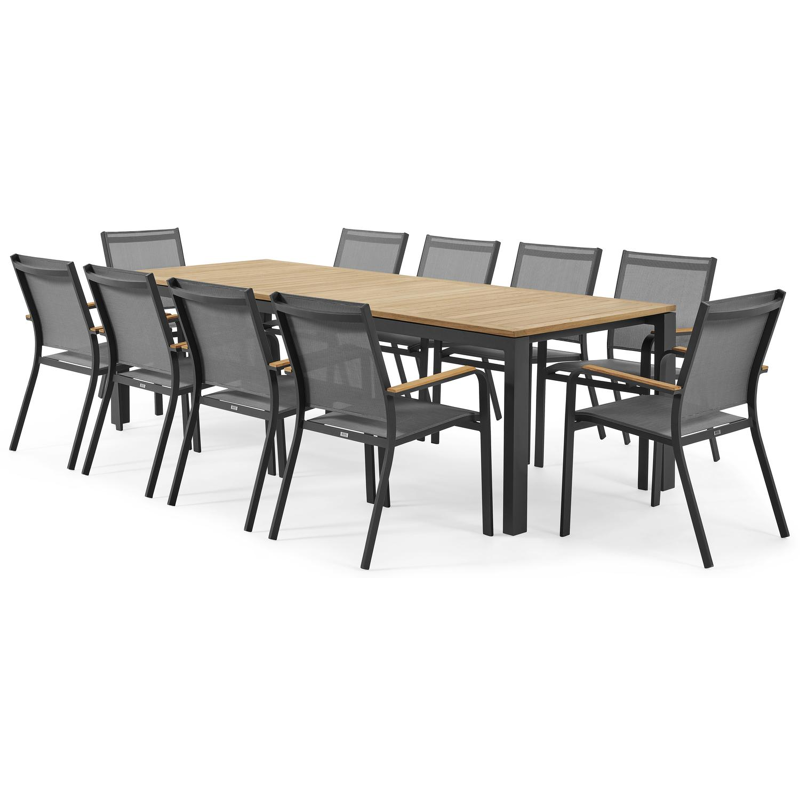 Varese tuinset in zwart aluminium en naturel teak tafelblad met 10 stapelbare Amalfi tuinstoelen