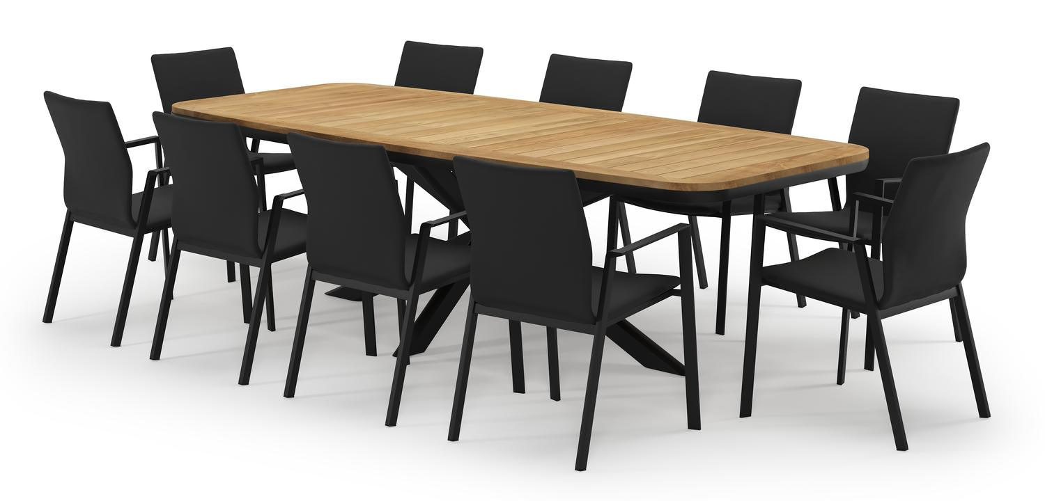 Pamplona bootvormige tuinset in zwart aluminium en teak natural finish met 10 Madura tuinstoelen