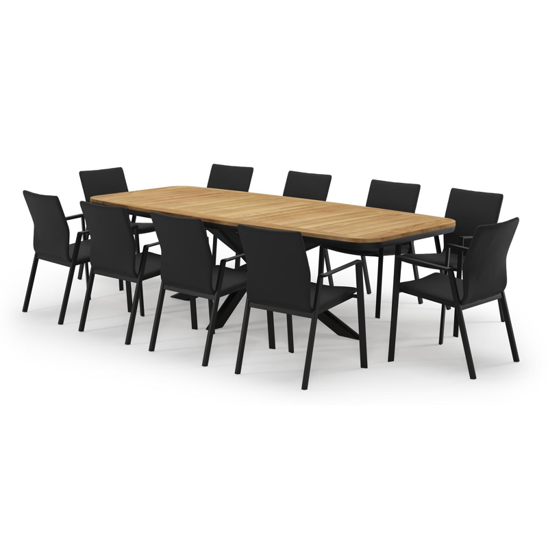 Pamplona ensemble de jardin forme de bateau en aluminium noir en teck natural finish avec 10 chaises de jardin Madura