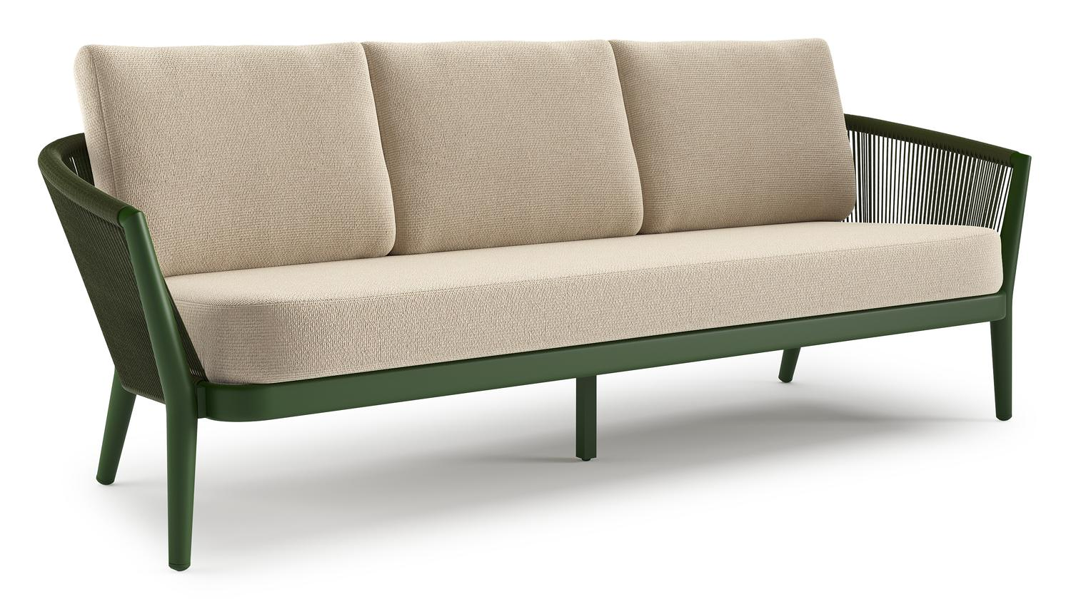 Orso loungebank in groen aluminium en groen verticaal geweven ronde rope met Althea Chalk all weather cosytica kussen