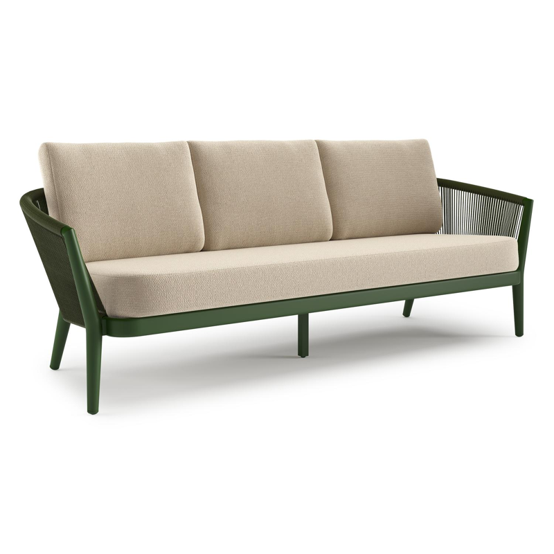 Orso loungebank in groen aluminium en groen verticaal geweven ronde rope met Althea Chalk all weather cosytica kussen