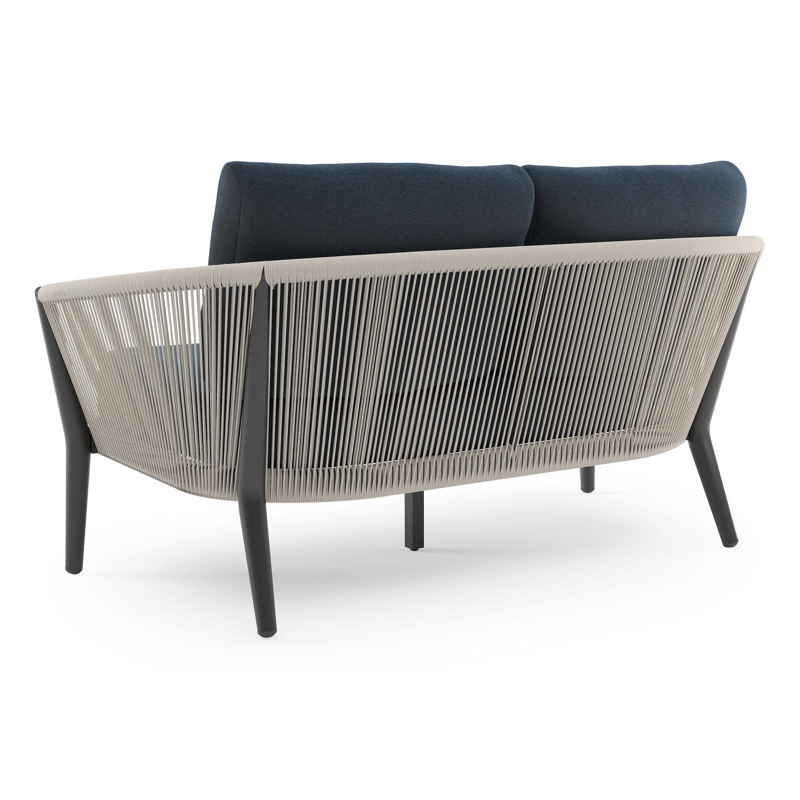 Canapé de jardin Orso en aluminium noir en corde ronde tissée verticalement beige et coussins en all weather sunbrella® luxe Heritage Indigo