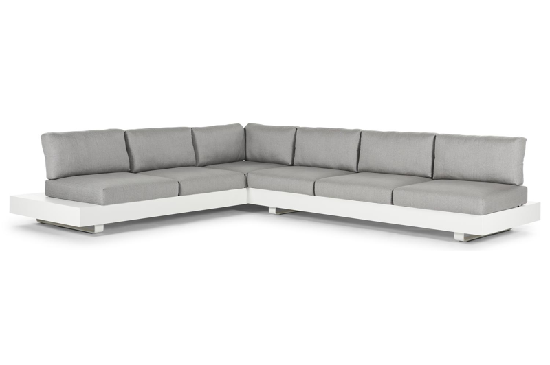 Tufo loungehoek in wit aluminium met savane zinc all weather sunbrella® luxe kussens en loungetafel