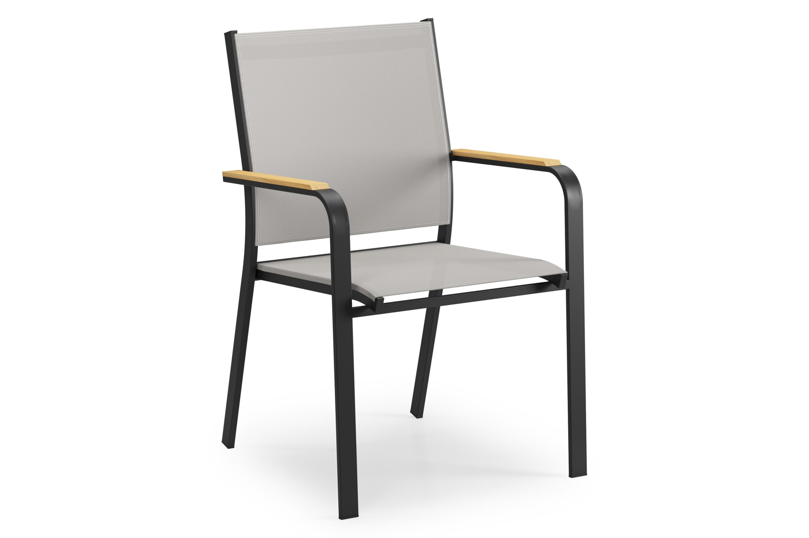 Amalfi stapelbare tuinstoel in zwart aluminium en grijs textilene en teak armleuning