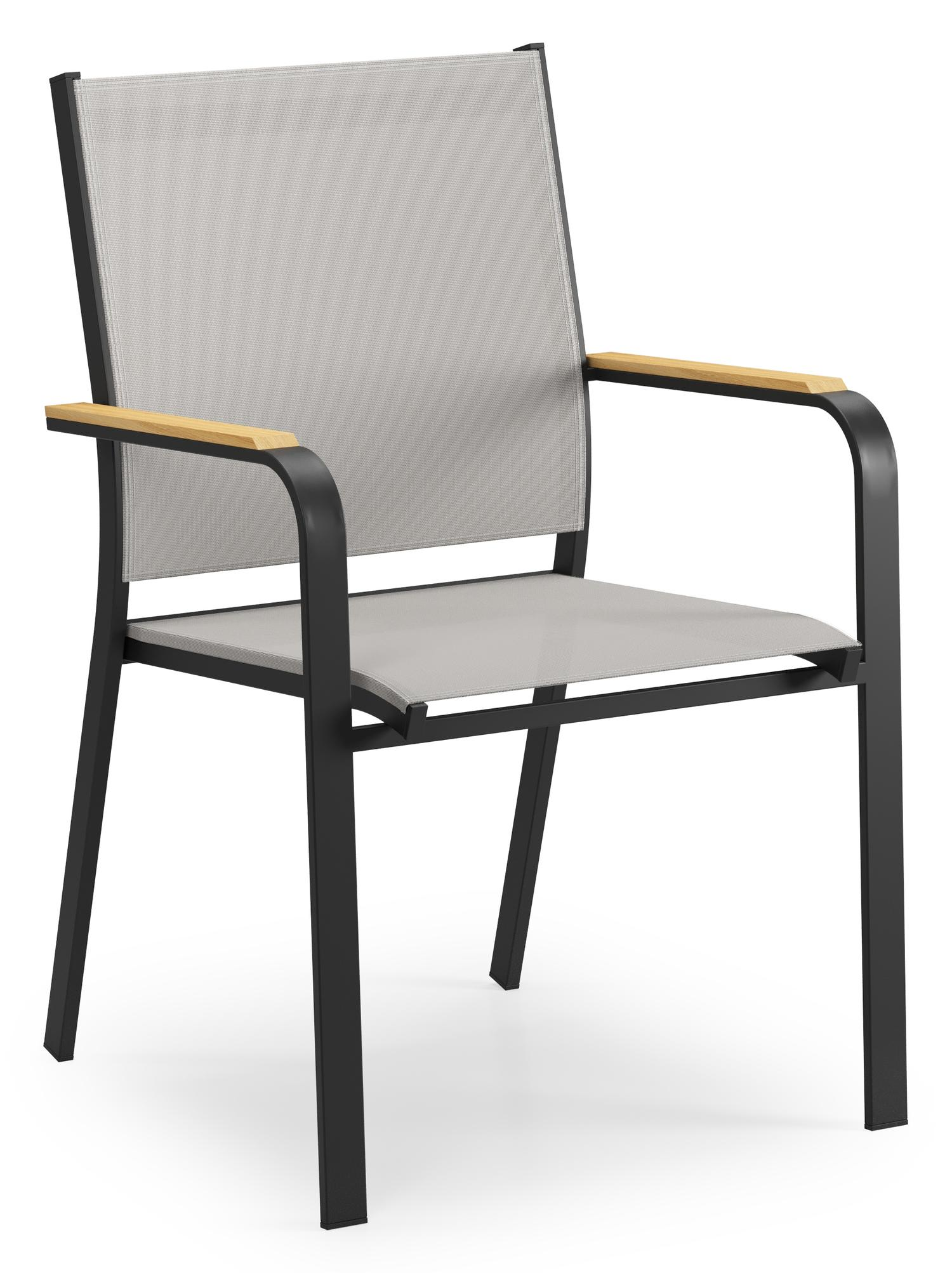 Varese tuinset in zwart aluminium en naturel teak tafelblad met 6 stapelbare Amalfi tuinstoelen