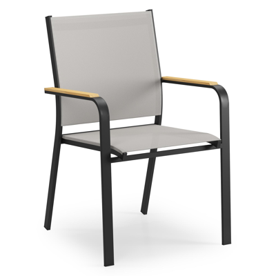 Amalfi stapelbare tuinstoel in zwart aluminium en grijs textilene en teak armleuning