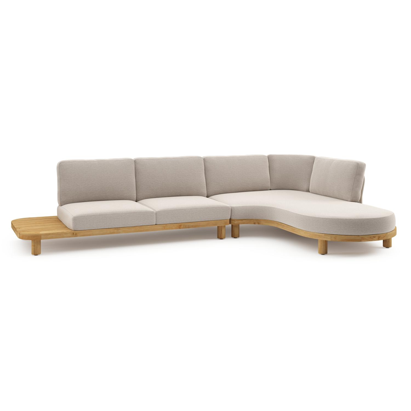 Donato loungehoek in teak en beige verticaal geweven ronde rope met all weather sunbrella® luxe Slow Farafra kussen