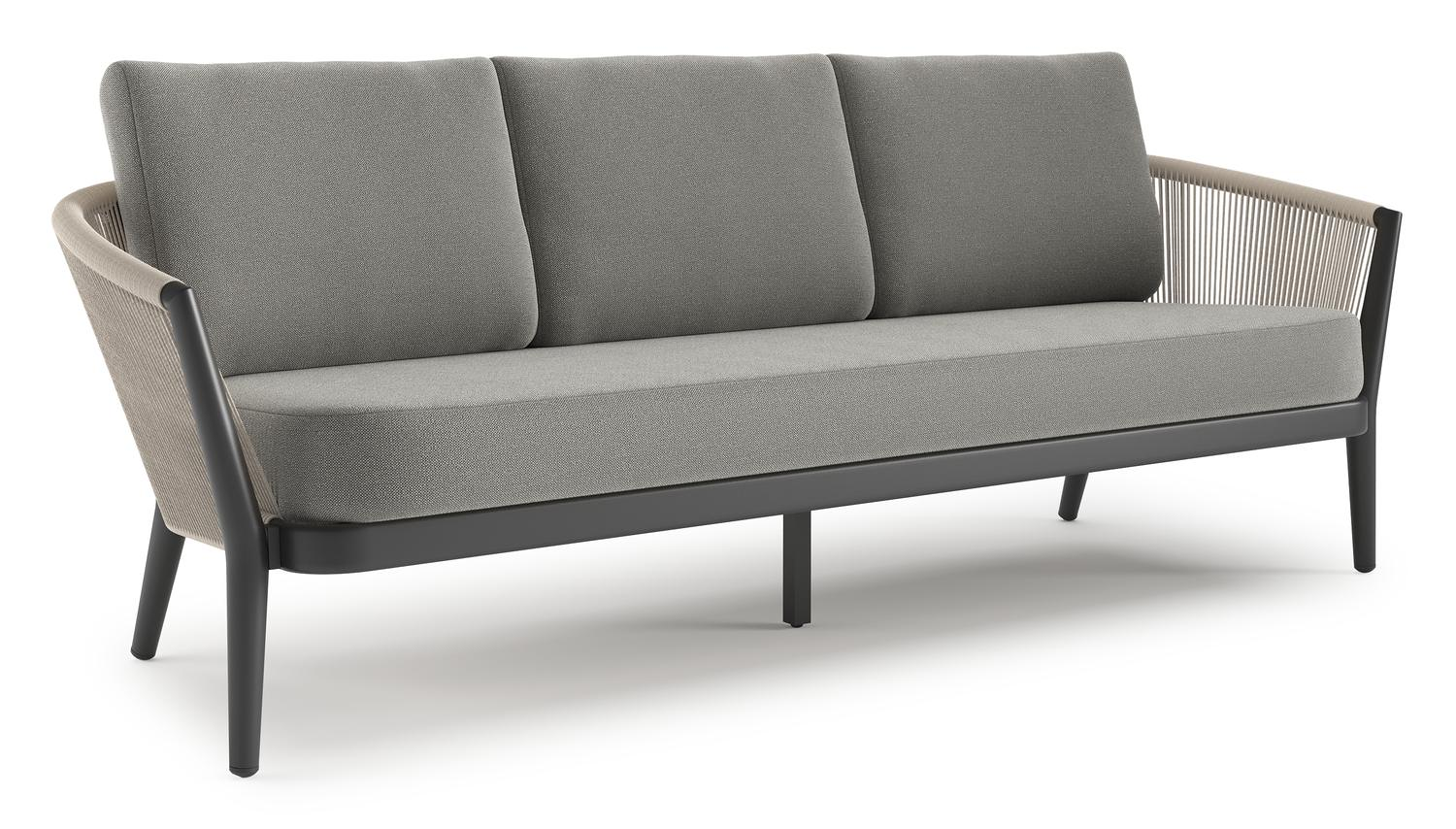 Canapé de jardin Orso en aluminium noir en corde ronde tissée verticalement beige et coussins en all weather sunbrella® luxe Savane Zinc