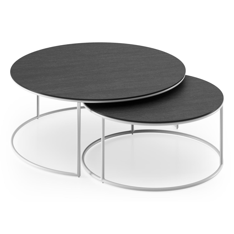 Fano set van 2 loungetafels rond in wit aluminium en volkeramiek Basalt Black - Dia. 85/65 x H 35/30 cm
