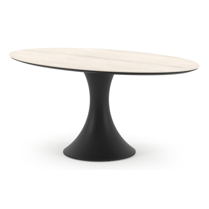 Table de jardin Fano ovale en aluminium noir et céramique pleine Travertino Bianco - Lg. 180 x Lrg. 110 x Haut. 74 cm